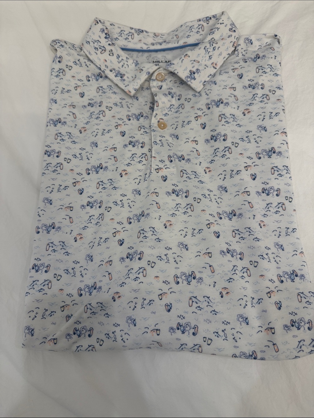 Peter Millar White Polo with Blue and Pink Cocktail Micro Pattern, XL